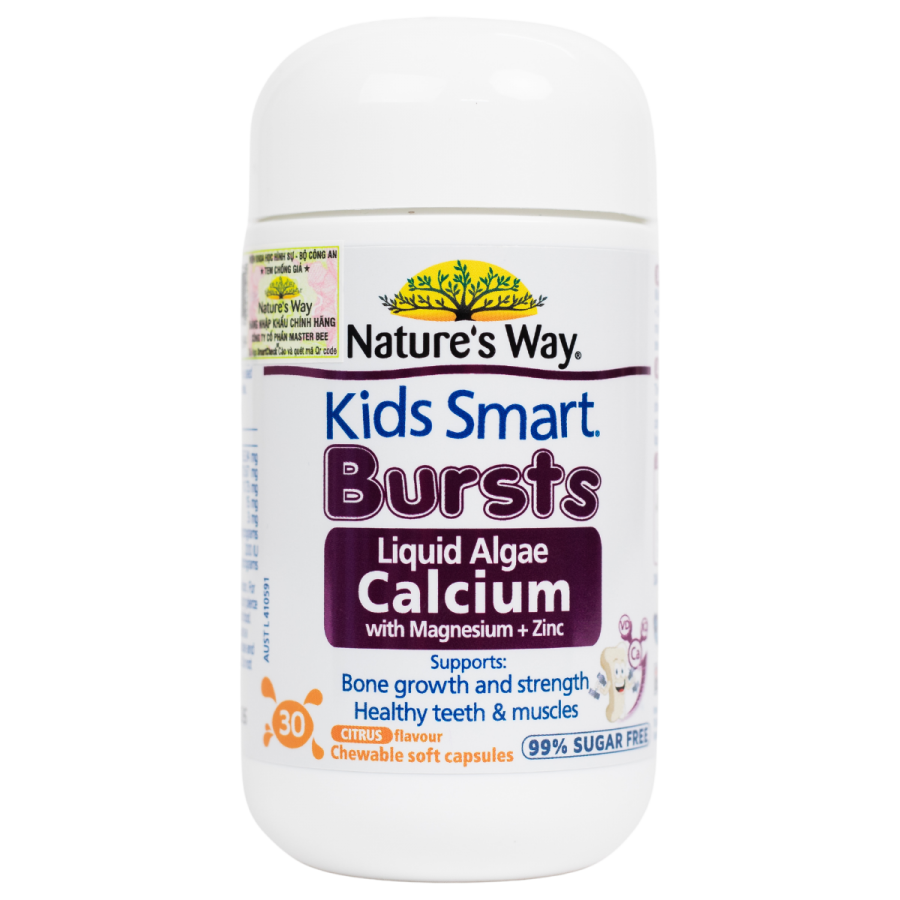 Viên uống canxi tảo biển đỏ Nature's Way Kids Smart Bursts - Bổ sung canxi, giúp xương răng chắc khoẻ, giảm nguy cơ còi xương - Hàng nhập khẩu chính ngạch đủ 2 tem - 30 viên