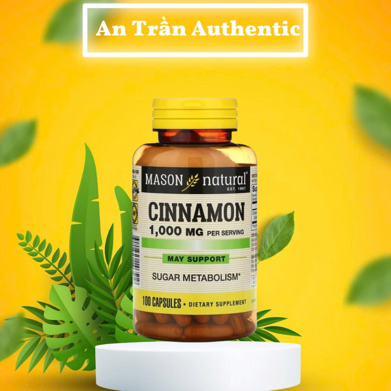Viên uống Mason Natural Cinnamon 1000mg - Hỗ trợ kiểm soát chỉ số đường huyết - Hàng nhập khẩu chính ngạch đủ 2 tem - 100 viên