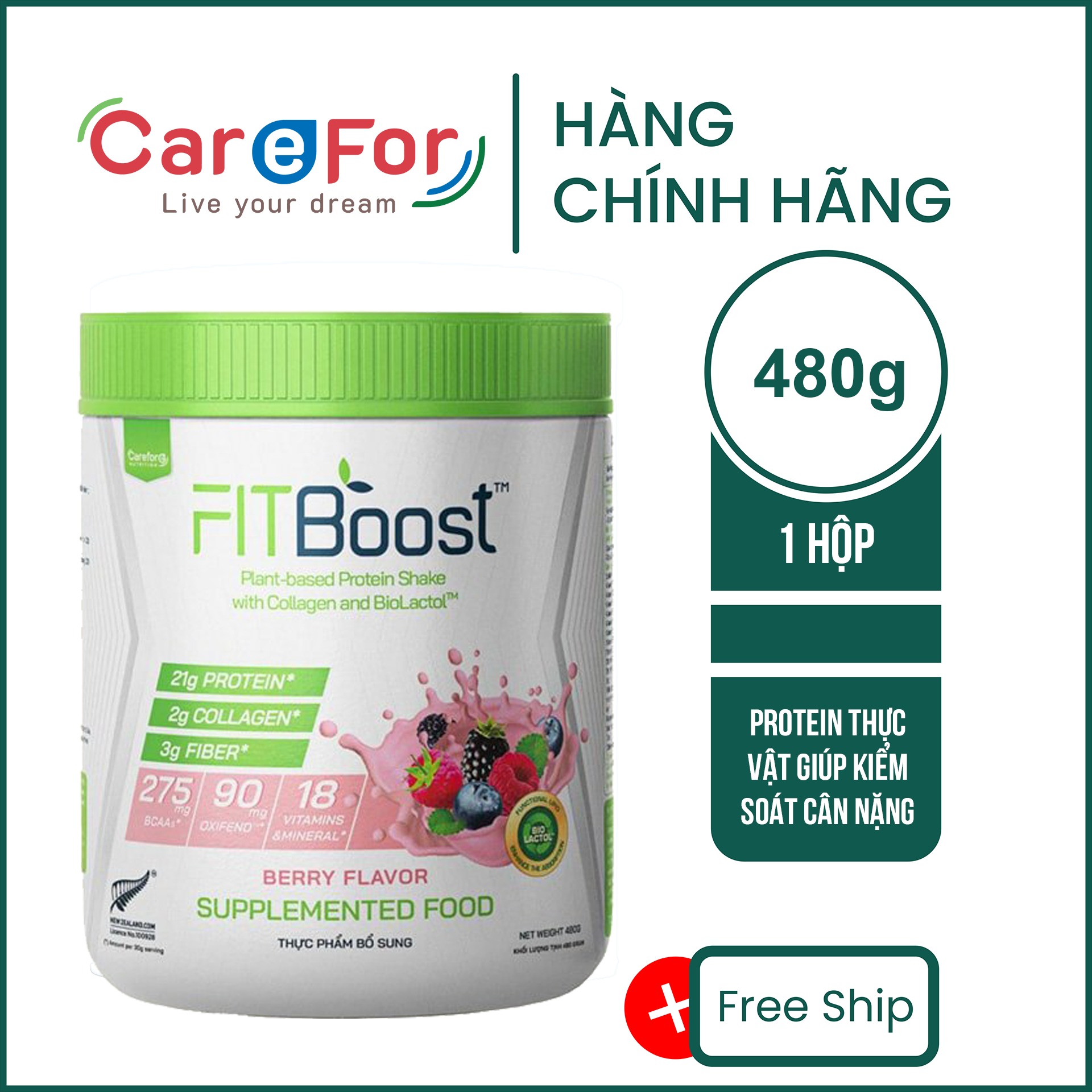 Protein thực vật FITBoost với Collagen và Biolactol® Chính Hãng CareFor