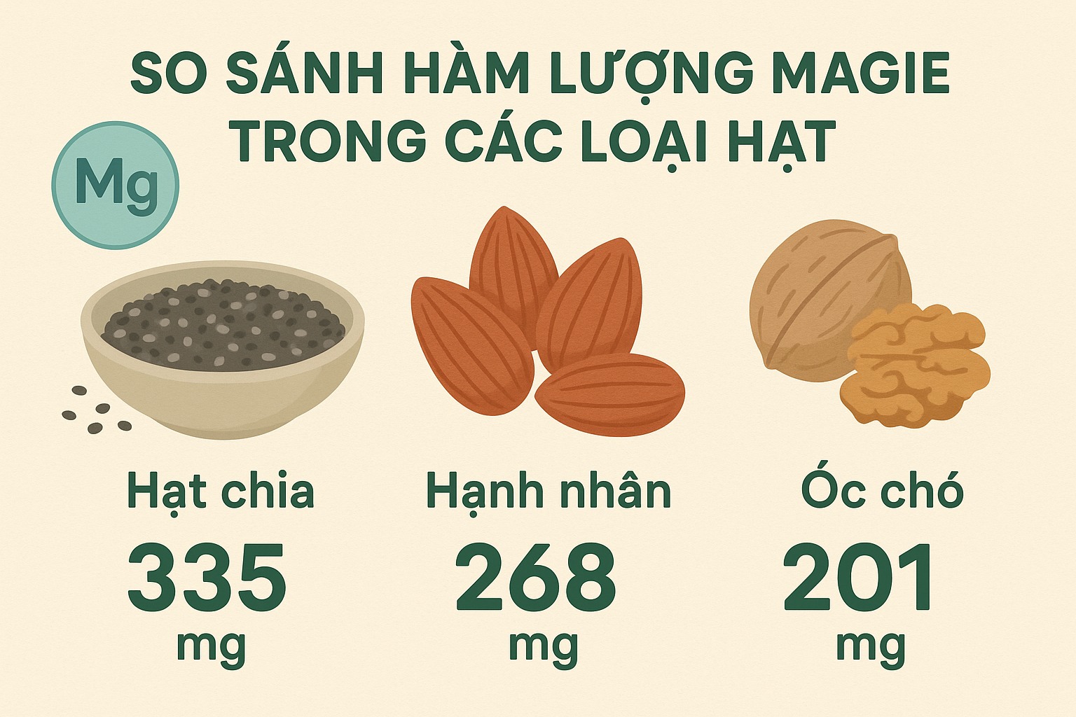 So sánh hàm lượng magie trong các loại hạt: Hạt chia, hạnh nhân, óc chó